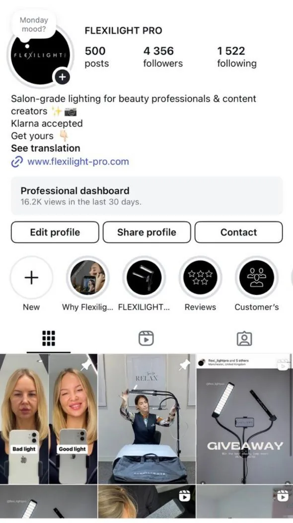 FlexiLight Pro Instagram profile after the giveaway