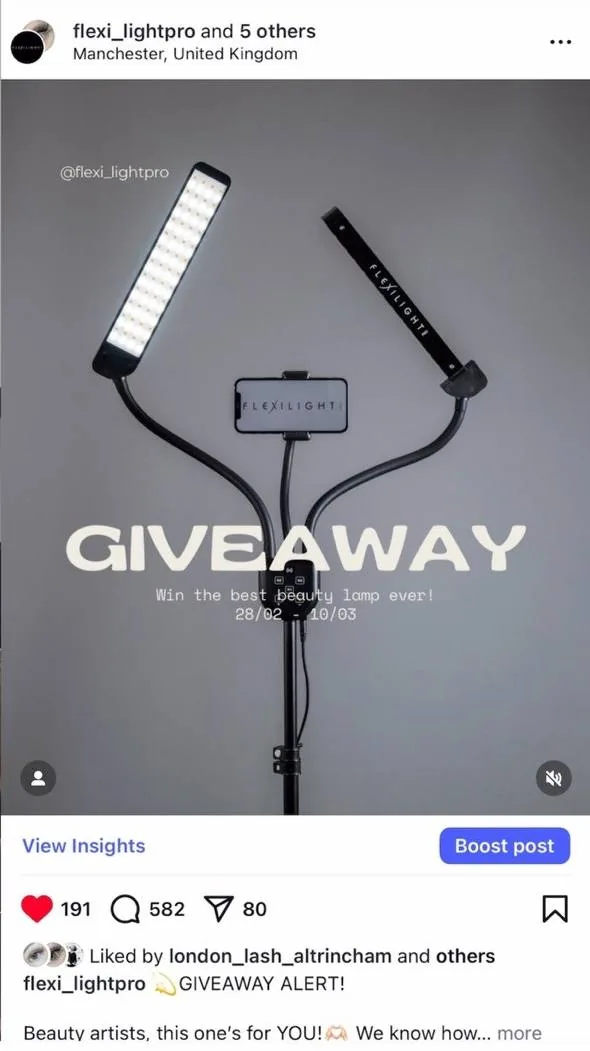 Published FlexiLight Pro giveaway post on Instagram