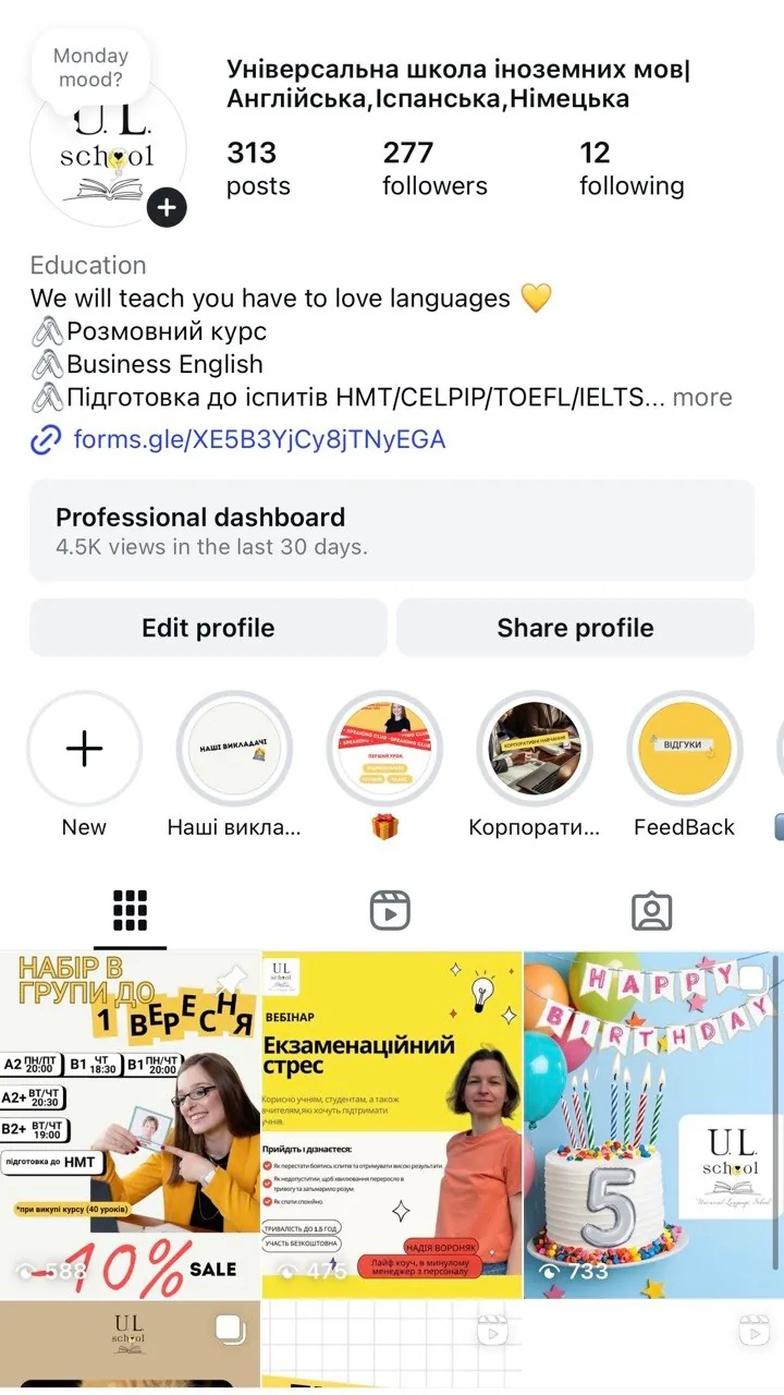 U.L.School Instagram profile before the update